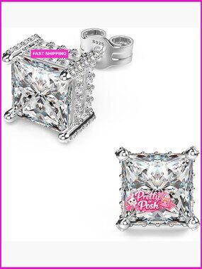 18K White Gold Plated Sterling Silver Square CZ Stud Earrings Hypoallergenic